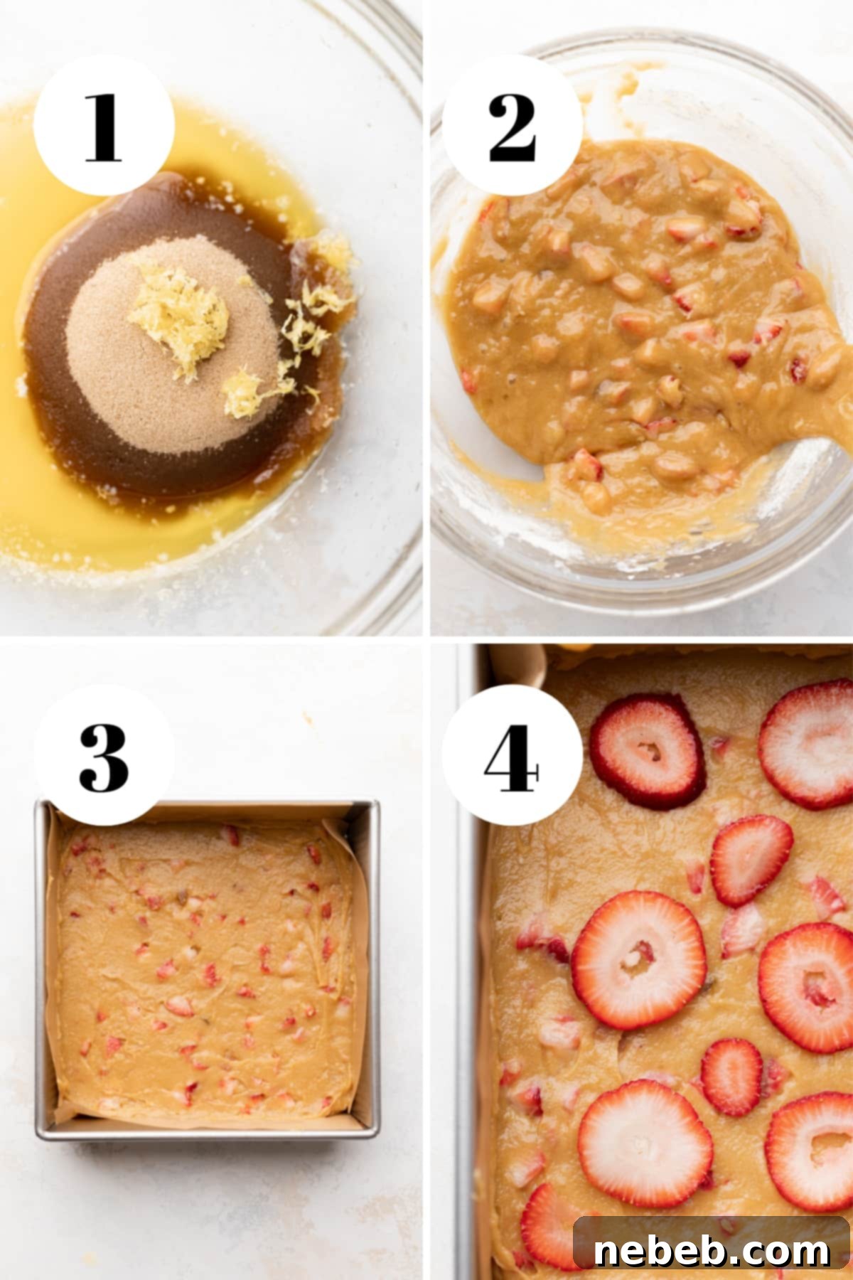 A four-panel process collage showing the steps to make strawberry lemon blondies, from mixing ingredients to spreading batter in a pan and adding strawberry slices on top.