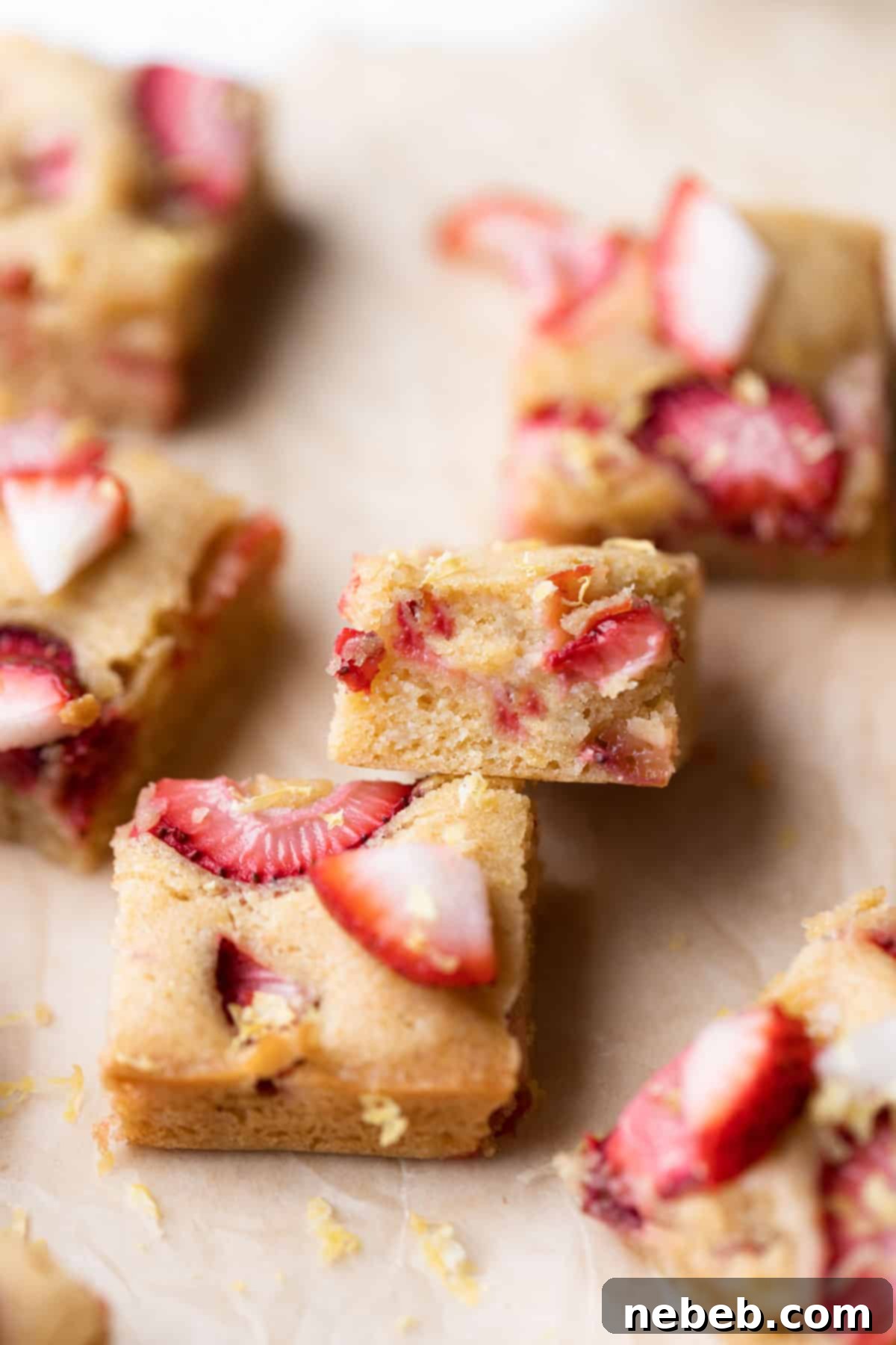 Close-up of strawberry blondies topped with fresh strawberries and lemon zest on parchment paper, highlighting their delightful texture.