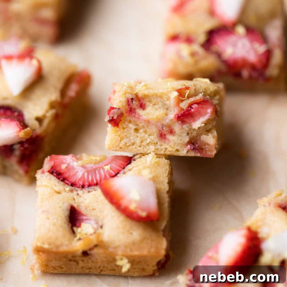 Close-up image of strawberry lemon blondies on brown parchment paper, garnished with fresh strawberries and lemon zest.