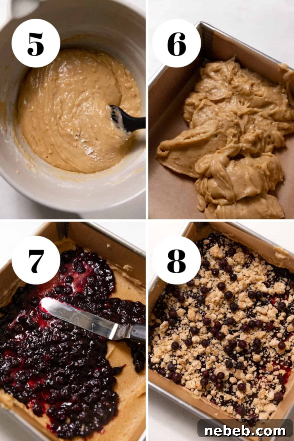 A two-part process collage depicting the layering of the vibrant blueberry jam evenly over the blondie batter, followed by sprinkling the golden crumb topping and extra blueberries before baking.