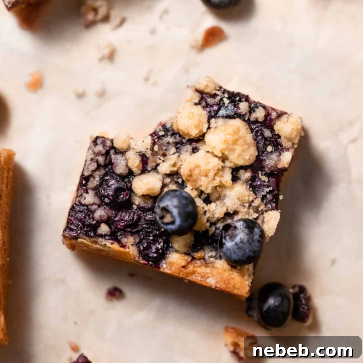 A perfectly baked blueberry blondie with a bite taken out of it, showing off its distinct layers of blondie, jam, and crumbly topping. It's a delightful treat for any time of year.