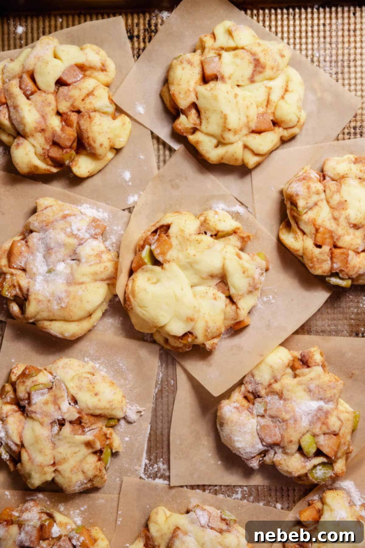 Homemade Apple Fritters So Good You Will Skip The Bakery 8 Shaped apple fritters on individual parchment squares on a baking sheet sprinkled with a bit of flour.