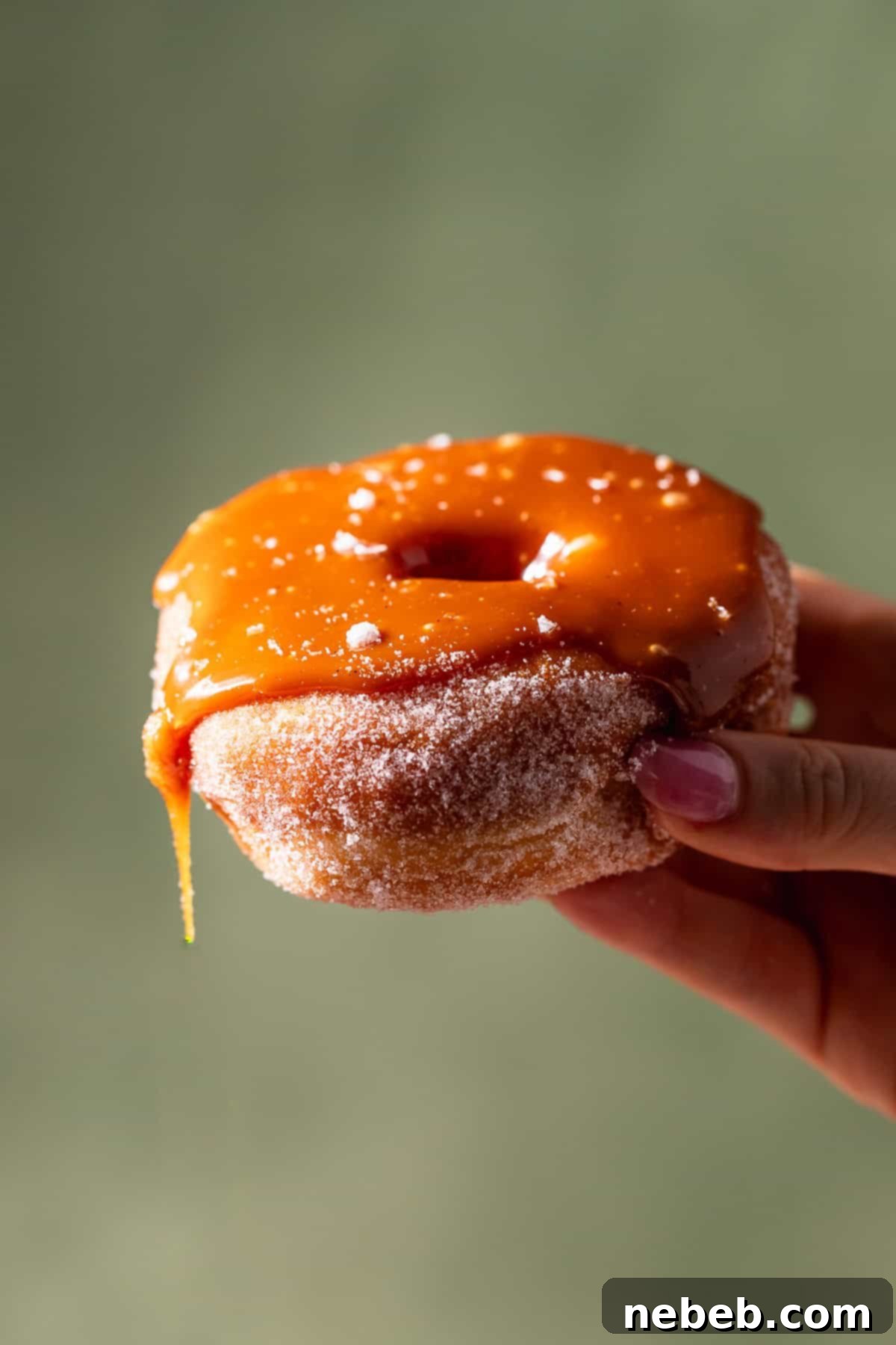 Glistening Salted Caramel Doughnuts 2 A hand holding a donut with caramel dripping off the side.