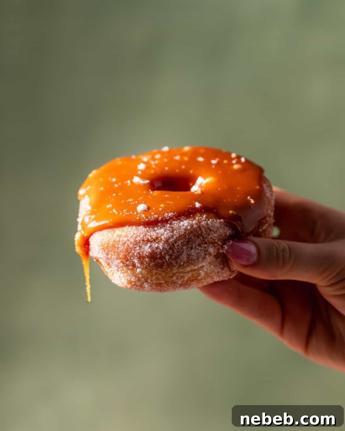 Glistening Salted Caramel Doughnuts 12 A hand holding a donut covered in salted caramel thats dripping off one of the sides.
