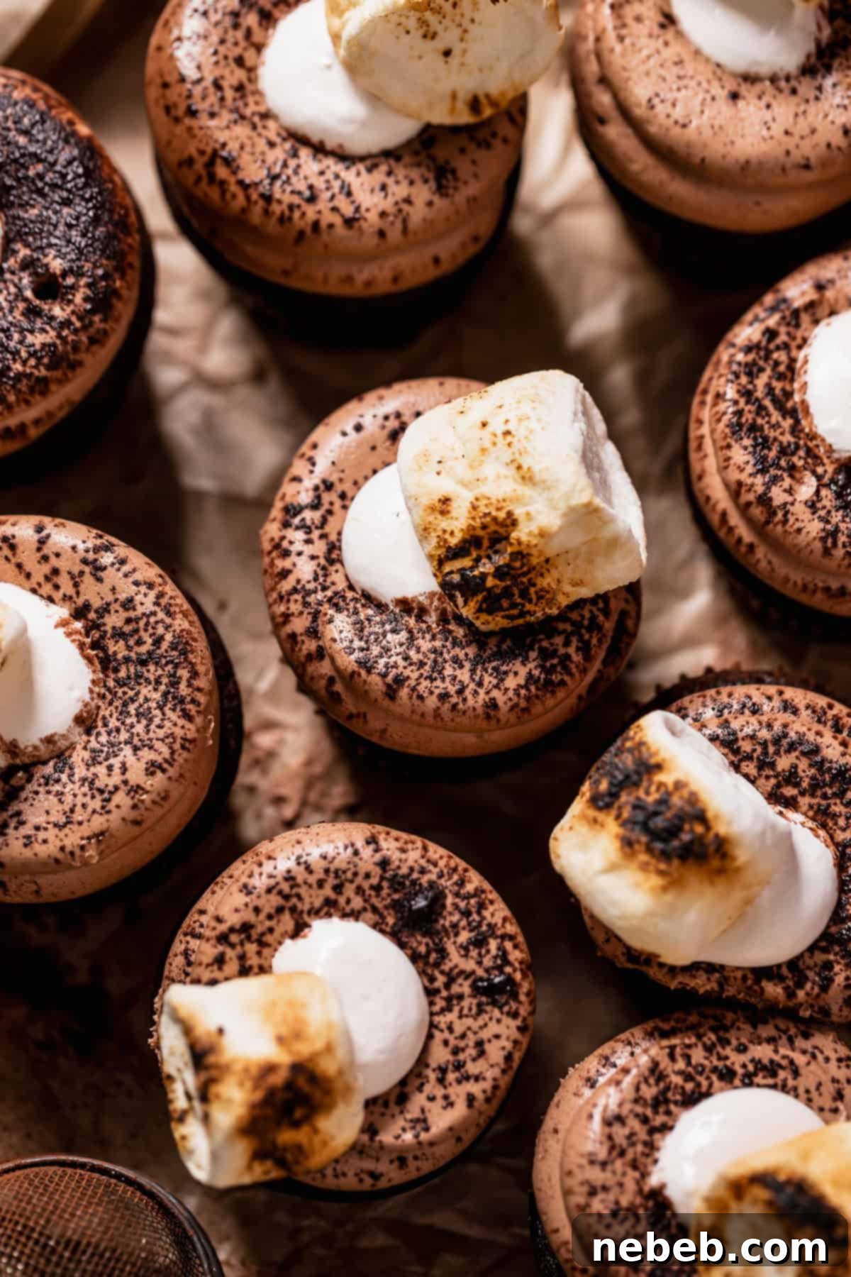 Golden Marshmallow-Stuffed Cocoa Cupcakes 11 An inviting overhead shot showcasing a platter of hot chocolate cupcakes, each crowned with golden-brown toasted marshmallows, ready to be enjoyed.