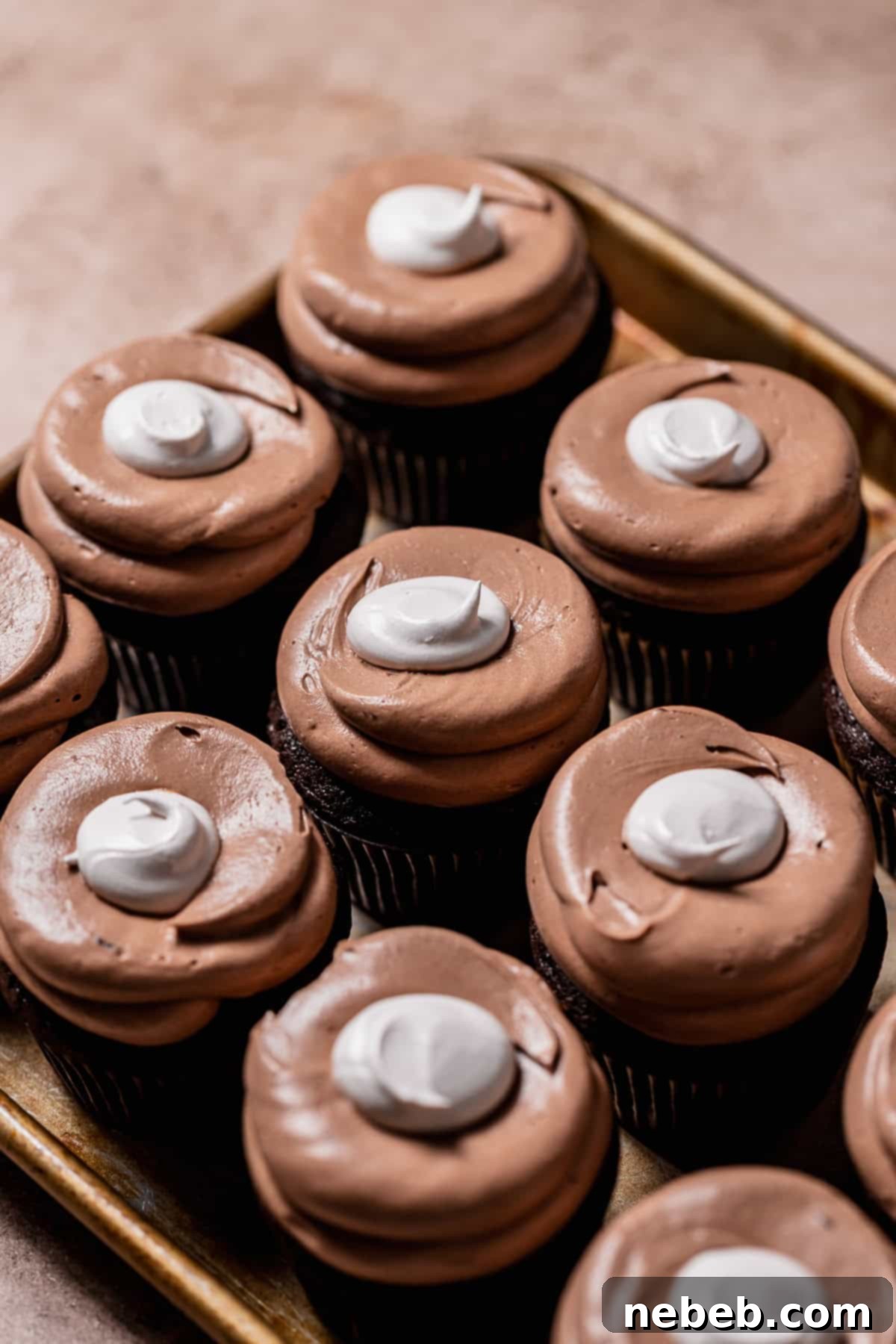 Golden Marshmallow-Stuffed Cocoa Cupcakes 9 Hot cocoa cupcakes with a perfectly piped ring of milk chocolate frosting creating a border around the central marshmallow fluff filling.