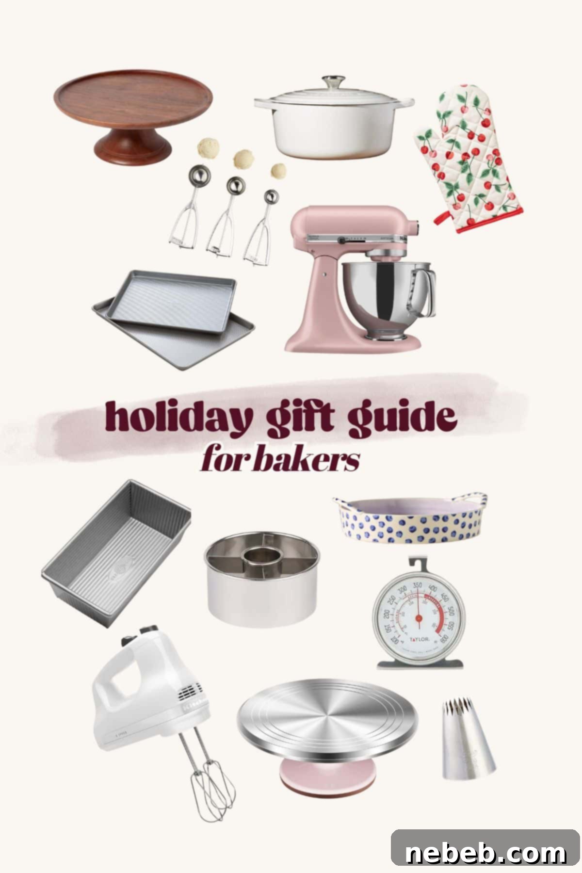 Decorative baking tools and accessories for bakers' holiday gift guide, including mixers, baking pans, and utensils.