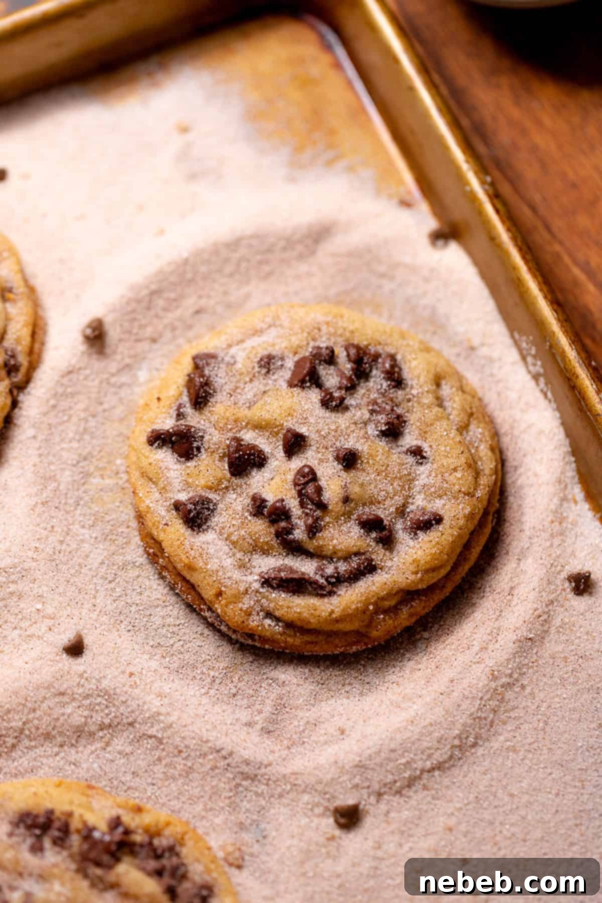 Decadent Chocolate Chip Snickerdoodle Dream Cookies 2 Chocolate chip snickerdoodle cookie coated in cinnamon sugar on a baking sheet