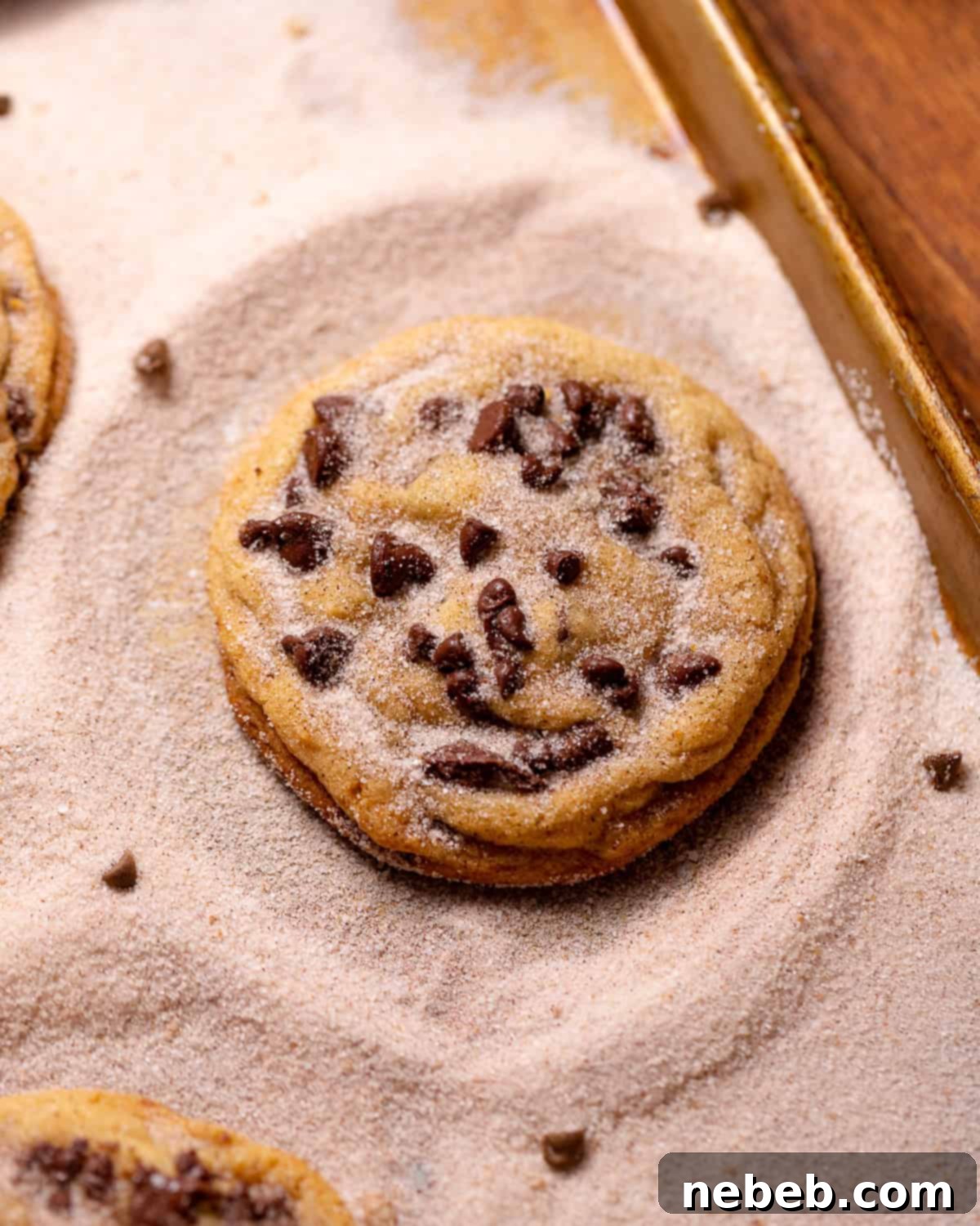 Decadent Chocolate Chip Snickerdoodle Dream Cookies 10 Chocolate chip snickerdoodle cookie coated in cinnamon sugar on a baking sheet.