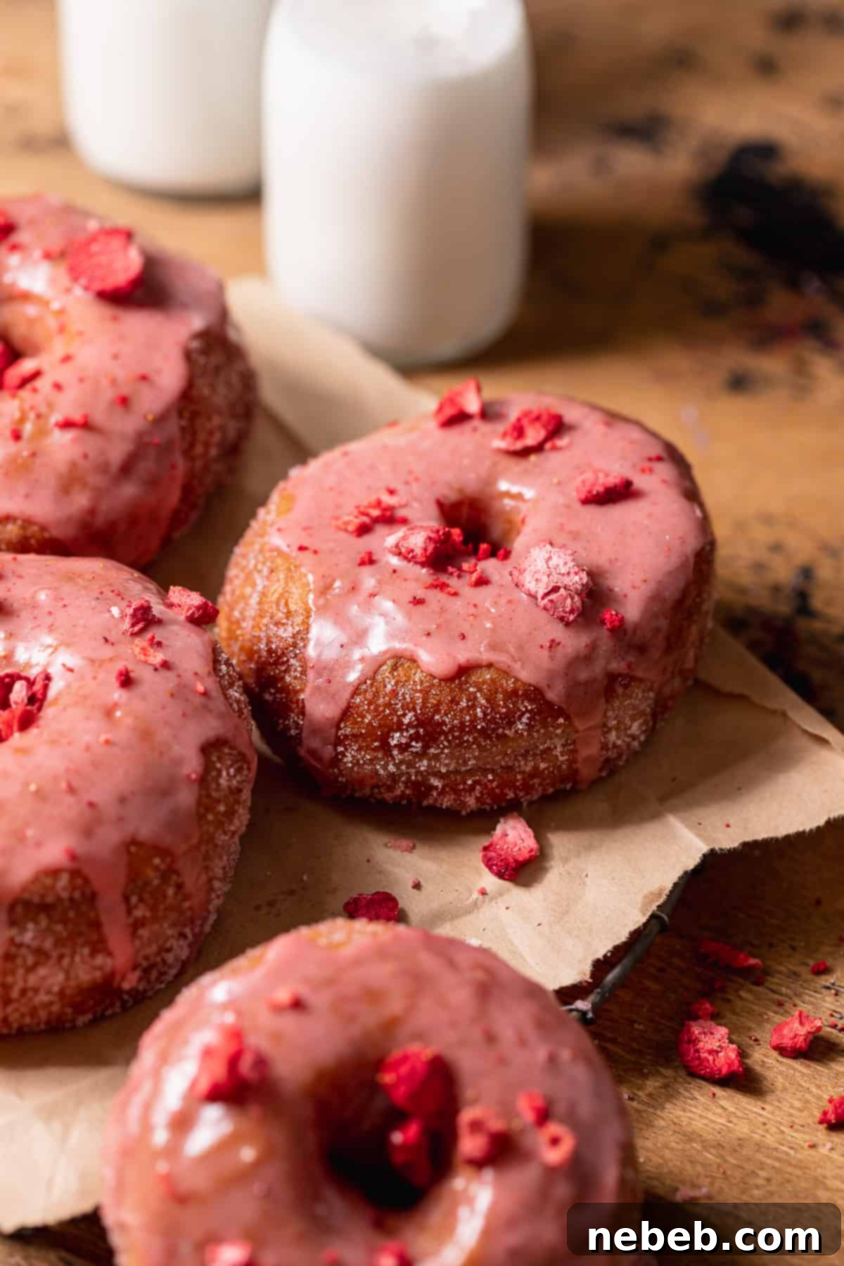 Triple Strawberry Dream Donuts 2 Freshly fried donuts coated in pink strawberry glaze and topped with crushed freeze-dried strawberries on parchment paper.