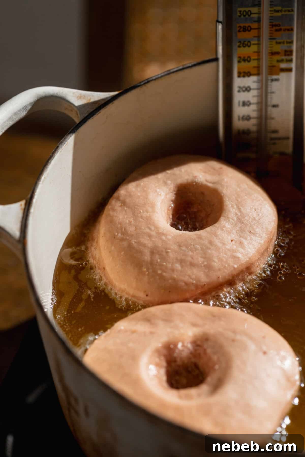 Triple Strawberry Dream Donuts 7 Donuts frying in hot oil in a pot with a thermometer.