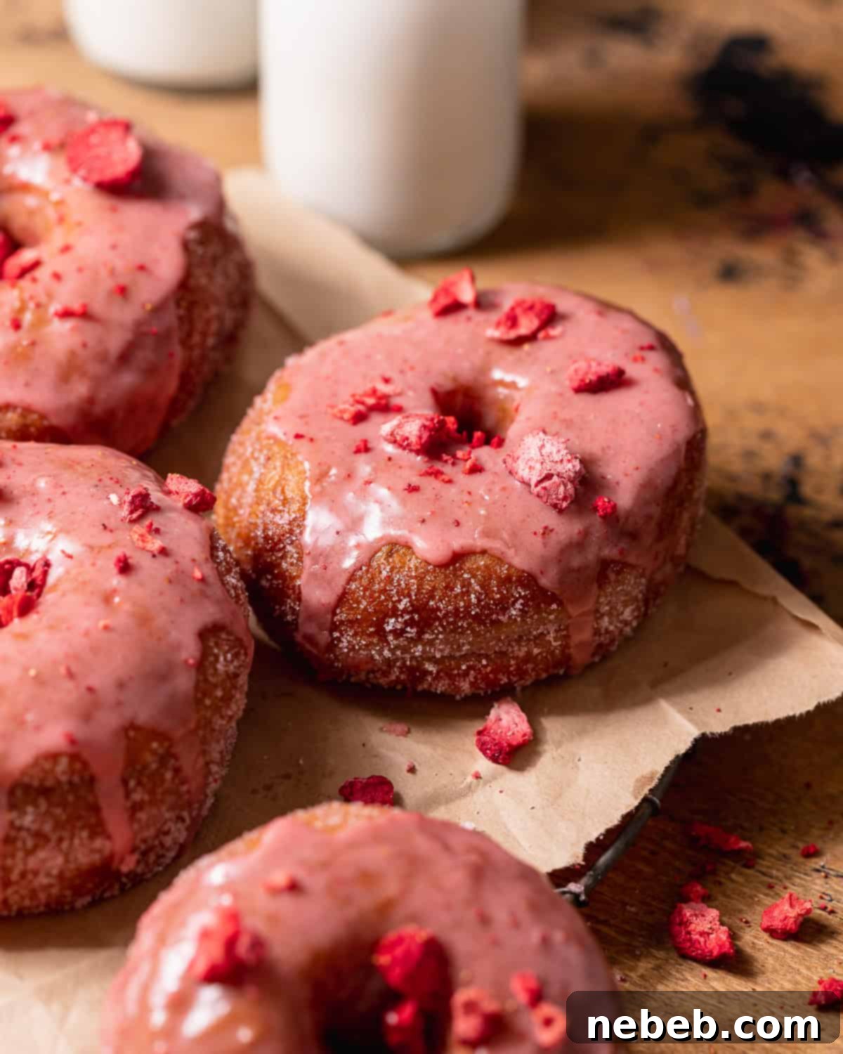 Strawberry-glazed donuts topped with freeze-dried strawberries on a cooling rack with milk in the background.