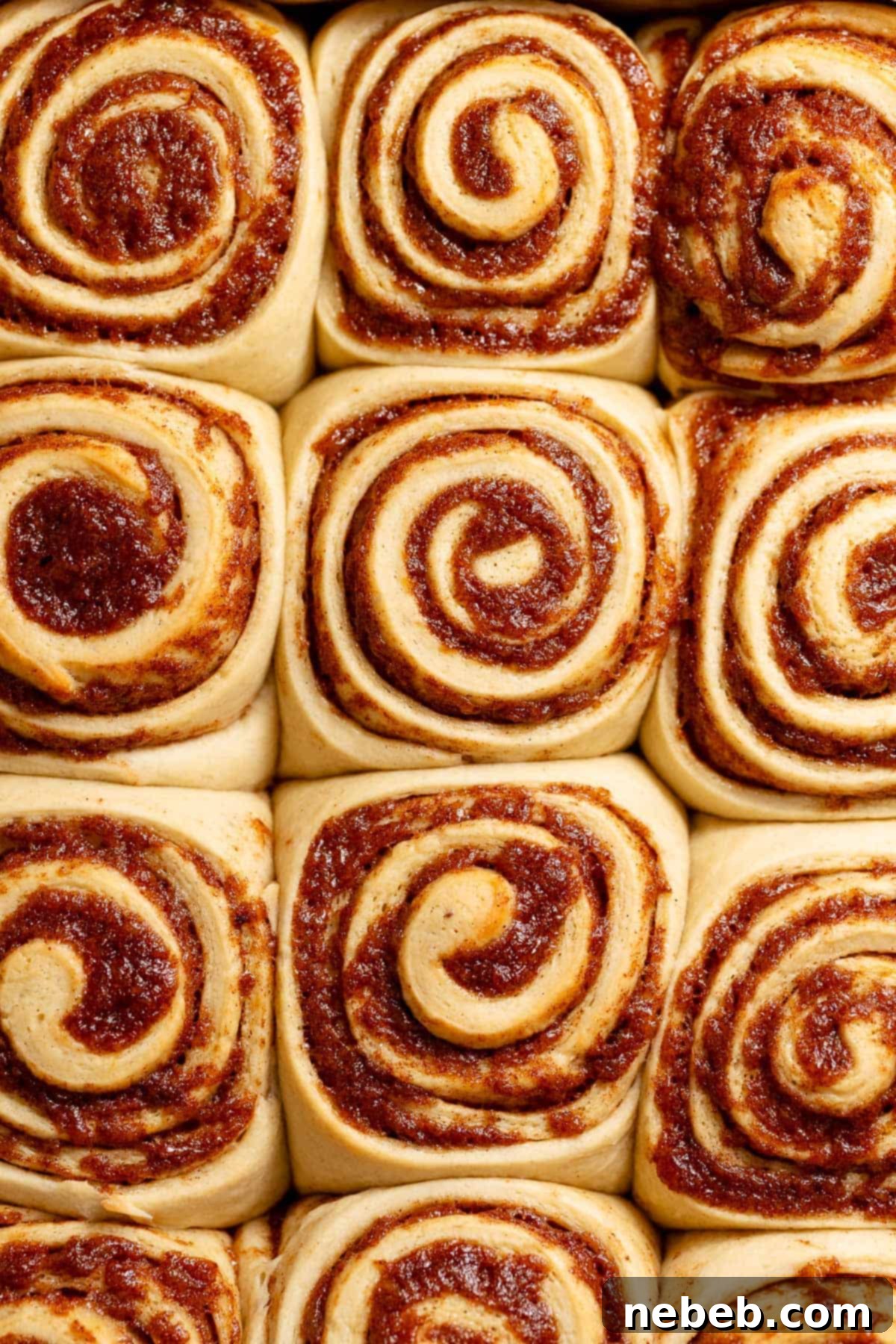 Banana Bread Cinnamon Rolls 9 Golden banana bread cinnamon rolls baked close together in a pan.